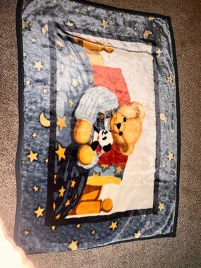 Vtg Blue Jean Teddy Bear Luxury Plush Baby Blanket Panda in Bed Stars EUC